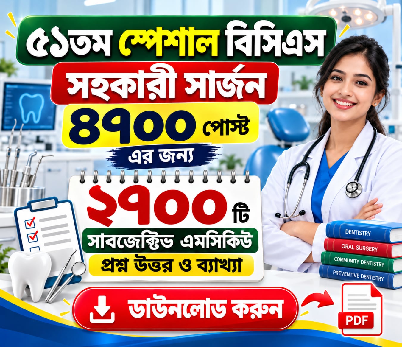 ৫১তম স্পেশাল বিসিএস এর সহকারী সার্জন ৪৭০০ পোস্টের জন্য সাবজেক্টিভ ২৭০০ এমসিকিউ প্রশ্ন উত্তর ও ব্যাখ্যা ডাউনলোড
